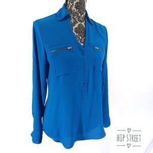 EXPRESS LS Roll Tab Zip Pocket Button Placket V Neck Shirt Blouse XS NWT